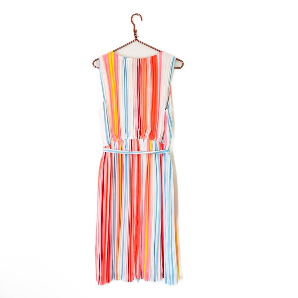 Loft Womens Large Petite Rainbow Striped Pleated Belted Midi Dress - Picture 6 of 7